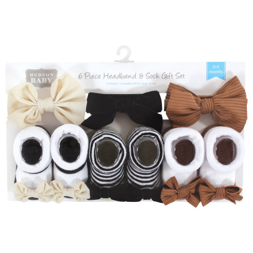 Hudson Baby Headband and Socks Giftset, Black Stripe Neutrals