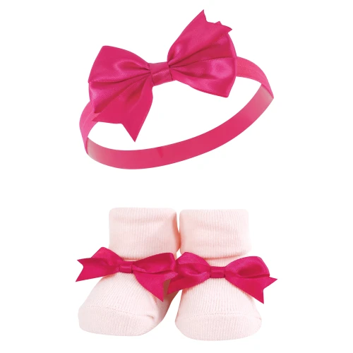 Hudson Baby Headband and Socks Giftset, Pink Gray Flower