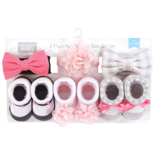 Hudson Baby Headband and Socks Giftset, Pink Charcoal