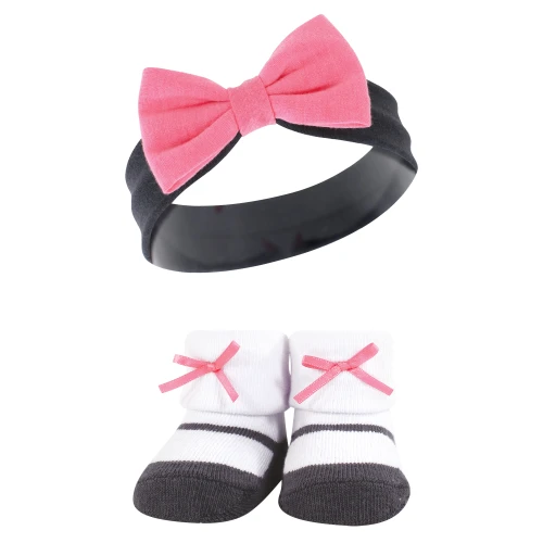 Hudson Baby Headband and Socks Giftset, Pink Charcoal