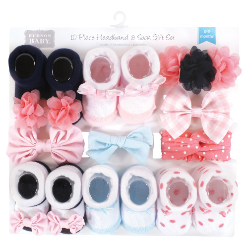 Hudson Baby Headband and Socks Giftset, Pink Blue 10-Piece