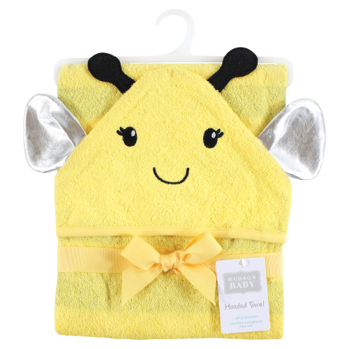 Hudson Baby Cotton Animal Face Hooded Towel, Yellow Bee