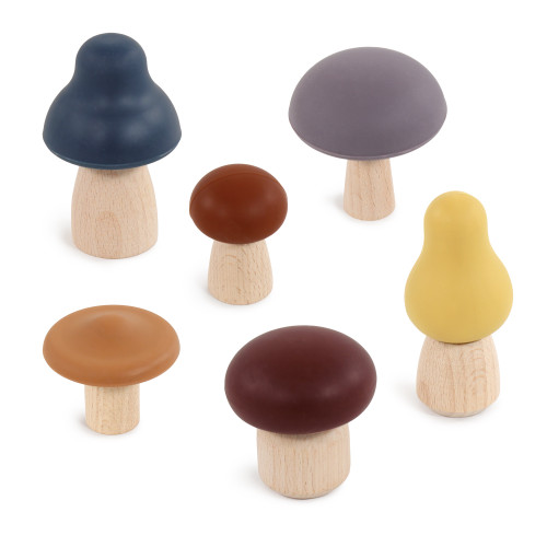 Hudson Baby Infant and Toddler 6pc Wood and Silicone Mushroom Toy Set, Dark, One Size