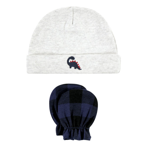 Hudson Baby Cotton Cap and Scratch Mitten Set, Burgundy Dino