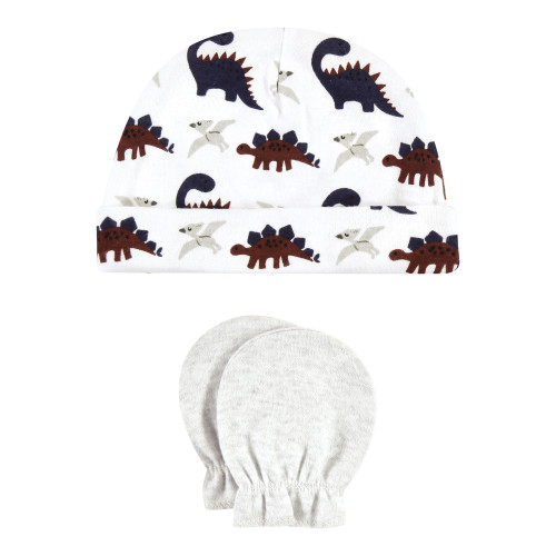 Hudson Baby Cotton Cap and Scratch Mitten Set, Burgundy Dino