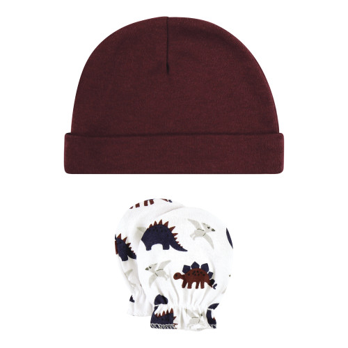 Hudson Baby Cotton Cap and Scratch Mitten Set, Burgundy Dino