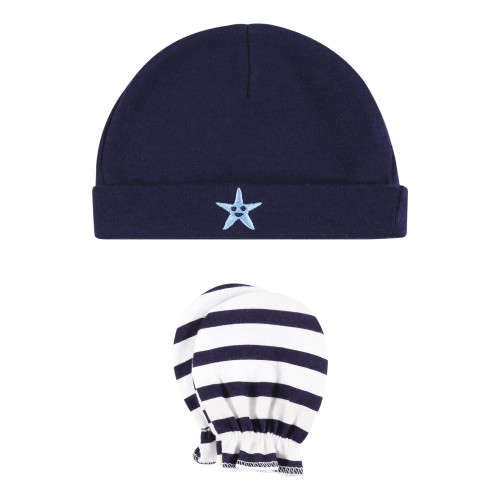 Hudson Baby Cotton Cap and Scratch Mitten Set, Ocean Friends