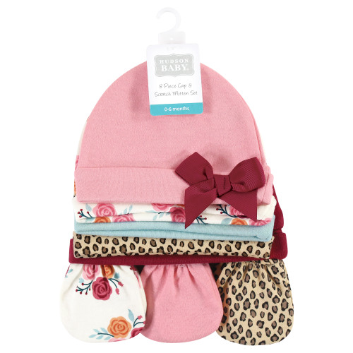 Hudson Baby Cotton Cap and Scratch Mitten Set, Autumn Rose