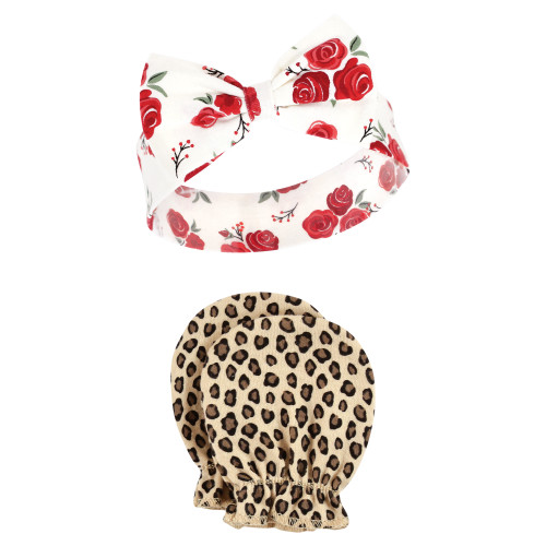 Hudson Baby Cotton Headband and Scratch Mitten Set, Rose Leopard