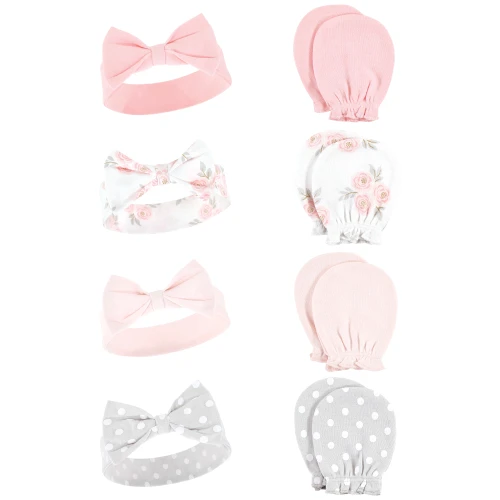 Hudson Baby Cotton Headband and Scratch Mitten Set, Pink Gray Floral 8-Piece