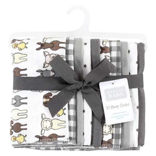 Hudson Baby Cotton Flannel Burp Cloths, Farm Friends Grey 10-Pack