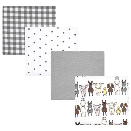 Hudson Baby Cotton Flannel Receiving Blankets, Farm Friends Grey