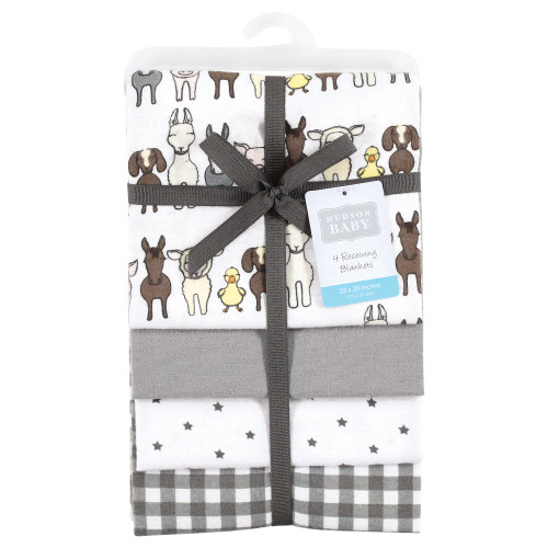 Hudson Baby Cotton Flannel Receiving Blankets, Farm Friends Grey
