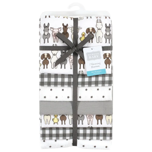 Hudson Baby Cotton Flannel Receiving Blankets Bundle, Farm Friends Grey