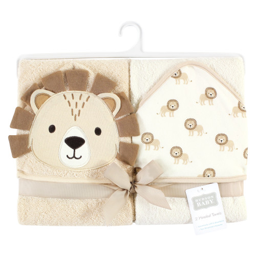 Hudson Baby Cotton Poly Animal Face Hooded Towel, Lion 2-Piece