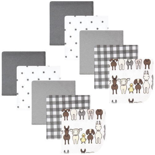 Hudson Baby Flannel Cotton Washcloths, Farm Friends Grey 10-Pack