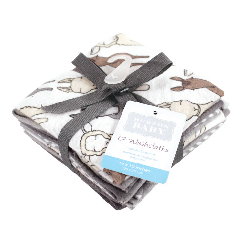 Hudson Baby Flannel Cotton Washcloths, Farm Friends Grey 12-Pack