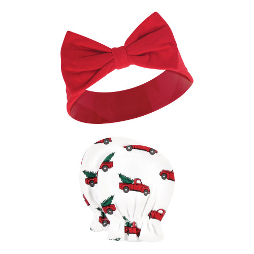 Hudson Baby Cotton Headband and Scratch Mitten Set, Christmas Tree Truck