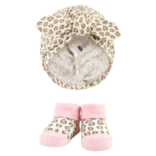 Hudson Baby Turban and Socks Set, Blush Rose Leopard