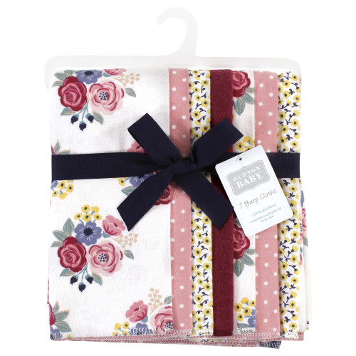 Hudson Baby Cotton Flannel Burp Cloths, Blush Navy Floral 7-Pack