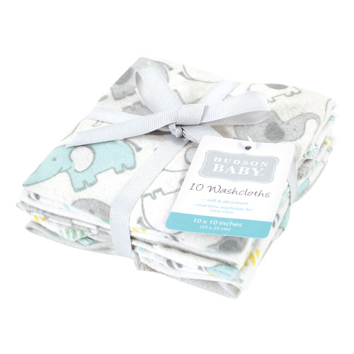 Hudson Baby Flannel Cotton Washcloths, Neutral New Elephant 10Pk