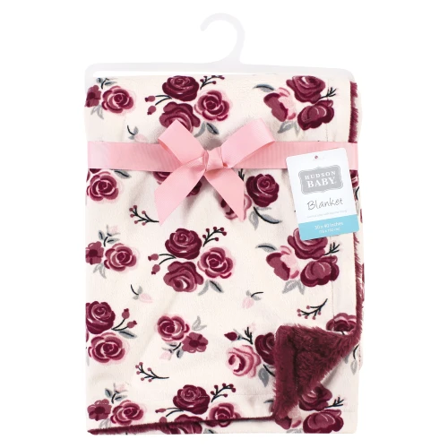 Hudson Baby Plush Blanket with Furry Binding and Back, Rose