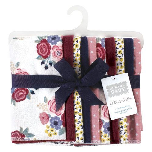 Hudson Baby Cotton Flannel Burp Cloths, Blush Navy Floral 10-Pack