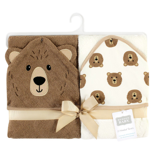 Hudson Baby Cotton Animal Face Hooded Towel, Brown Bear 2-Pack