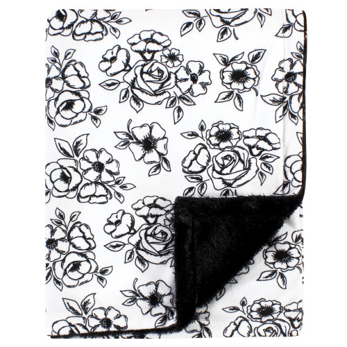 Hudson Baby Plush Blanket with Furry Binding and Back, Black Toile
