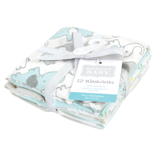 Hudson Baby Flannel Cotton Washcloths, Neutral New Elephant 12Pk