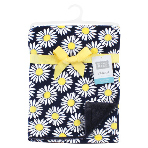 Hudson Baby Plush Blanket with Furry Binding and Back, Navy Daisy