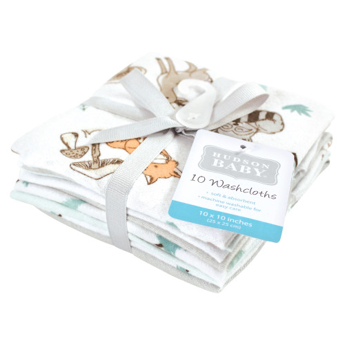 Hudson Baby Flannel Cotton Washcloths, Neutral Woodland Pals 10Pk