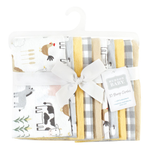 Hudson Baby Cotton Flannel Burp Cloths, Cute Farm 10-Pack