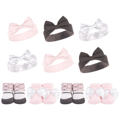 Hudson Baby 10Pc Headband and Socks Set, Damask