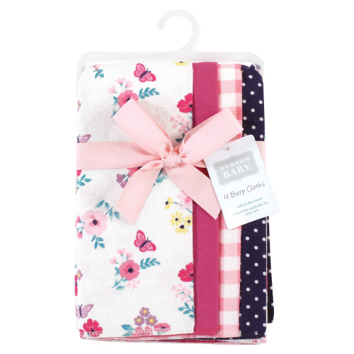 Hudson Baby Cotton Flannel Burp Cloths, Butterfly Floral 4-Pack