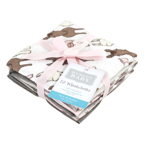 Hudson Baby Flannel Cotton Washcloths, Farm Friends Pink 12Pk
