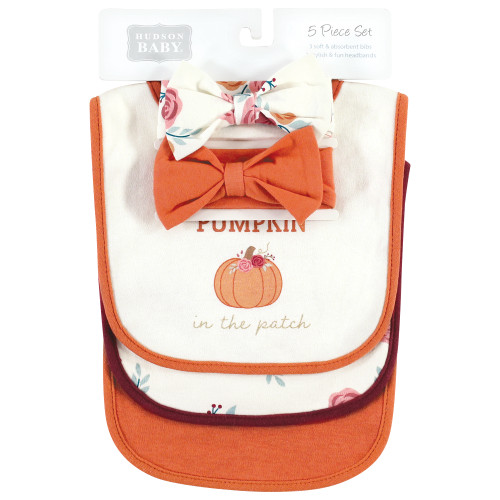 Hudson Baby Cotton Bib and Headband or Caps Set, Pink Cutest Pumpkin
