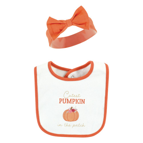 Hudson Baby Cotton Bib and Headband or Caps Set, Pink Cutest Pumpkin