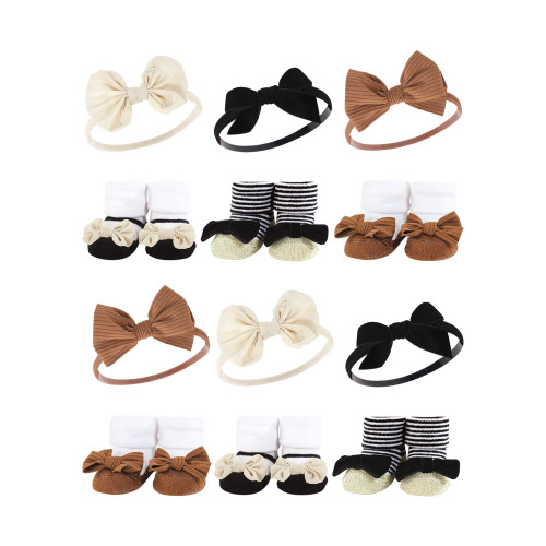 Hudson Baby 12Pc Headband and Socks Giftset, Black Stripe Neutrals