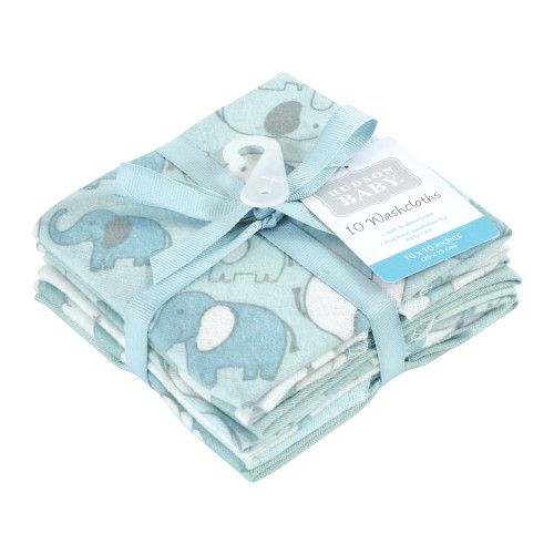 Hudson Baby Flannel Cotton Washcloths, Boy New Elephant 10Pk
