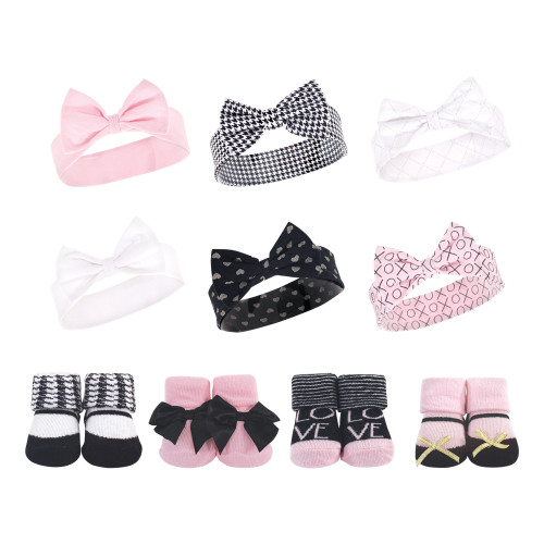Hudson Baby 10Pc Headband and Socks Set, Houndstooth Love