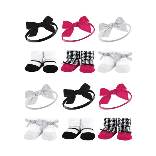 Hudson Baby 12Pc Headband and Socks Giftset, Black Pink