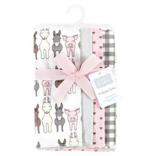 Hudson Baby Cotton Flannel Burp Cloths, Farm Friends Pink 4-Pack