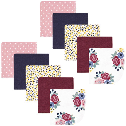 Hudson Baby Flannel Cotton Washcloths, Blush Navy Floral 10Pk