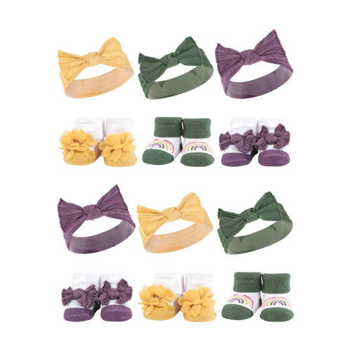 Hudson Baby 12Pc Headband and Socks Giftset, Purple Green Yellow