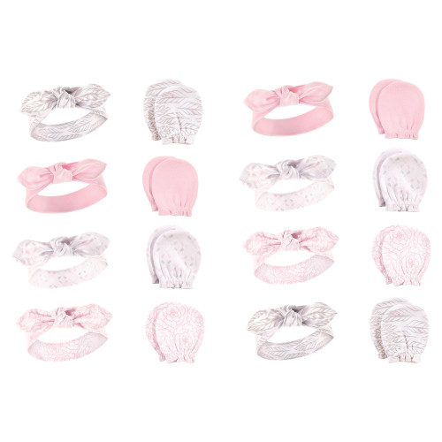 Hudson Baby 16Pc Headband and Scratch Mitten Set, Gray Feather