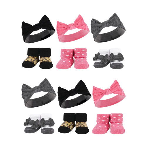 Hudson Baby 12Pc Headband and Socks Giftset, Black Wild Rose Leopard