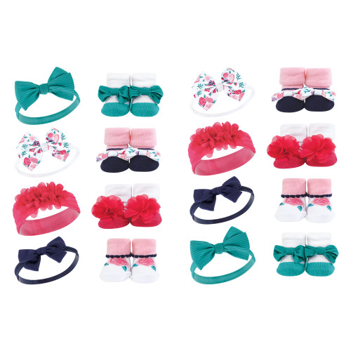 Hudson Baby 16Pc Headband and Socks Giftset, Bright Pink Floral
