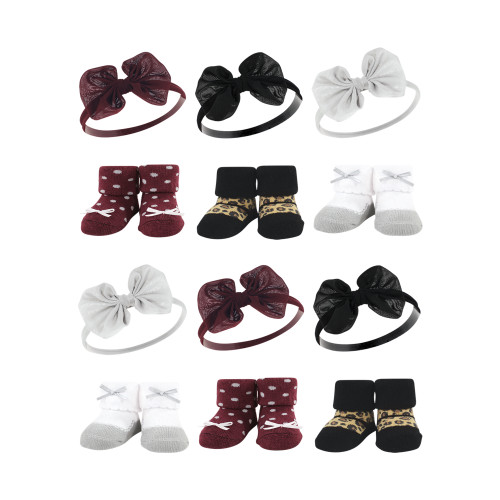 Hudson Baby 12Pc Headband and Socks Giftset, Burgundy Leopard