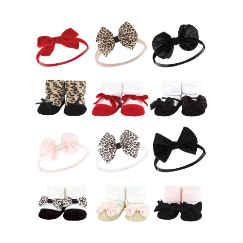 Hudson Baby 12Pc Headband and Socks Giftset, Red Leopard Light Pink Leopard
